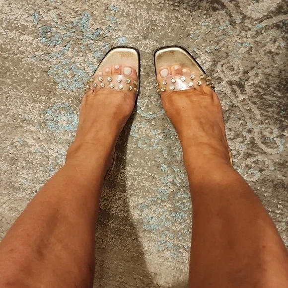 Zara shoes gold metallic kitten slingback heels  clear embellished vamp size 9 - Picture 6 of 11